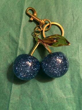 Gold-Tone Blue Glitter Cherry Keychain - Women Jewelry